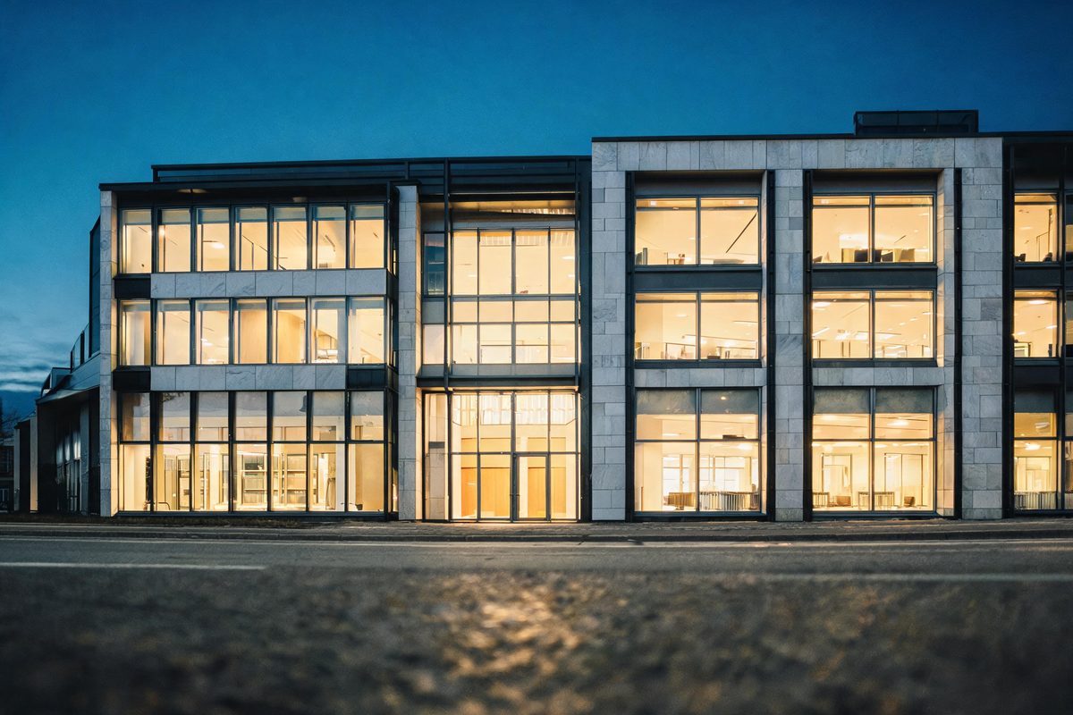 Beleuchtetes Bürogebäude in der Abenddämmerung