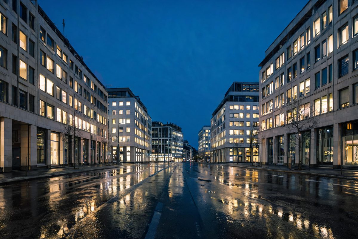 Schweizer Geschäftsviertel zur blauen Stunde mit beleuchteten Bürofenstern